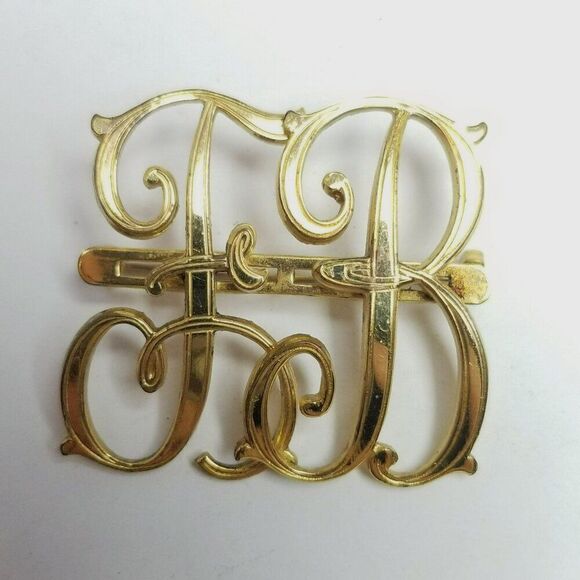 Vintage Monocraft F B Monogram Brooch Gold Tone Initial Letter Signed Pat Number - Picture 8 of 8